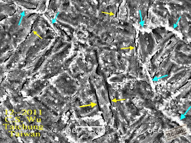 yellow arrows: microcracks.