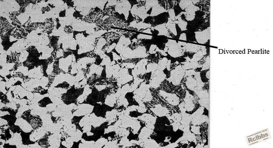 Uniform distribution of ferrite and fine pearlite containing 50%divorced pearlite, unacceptable (200